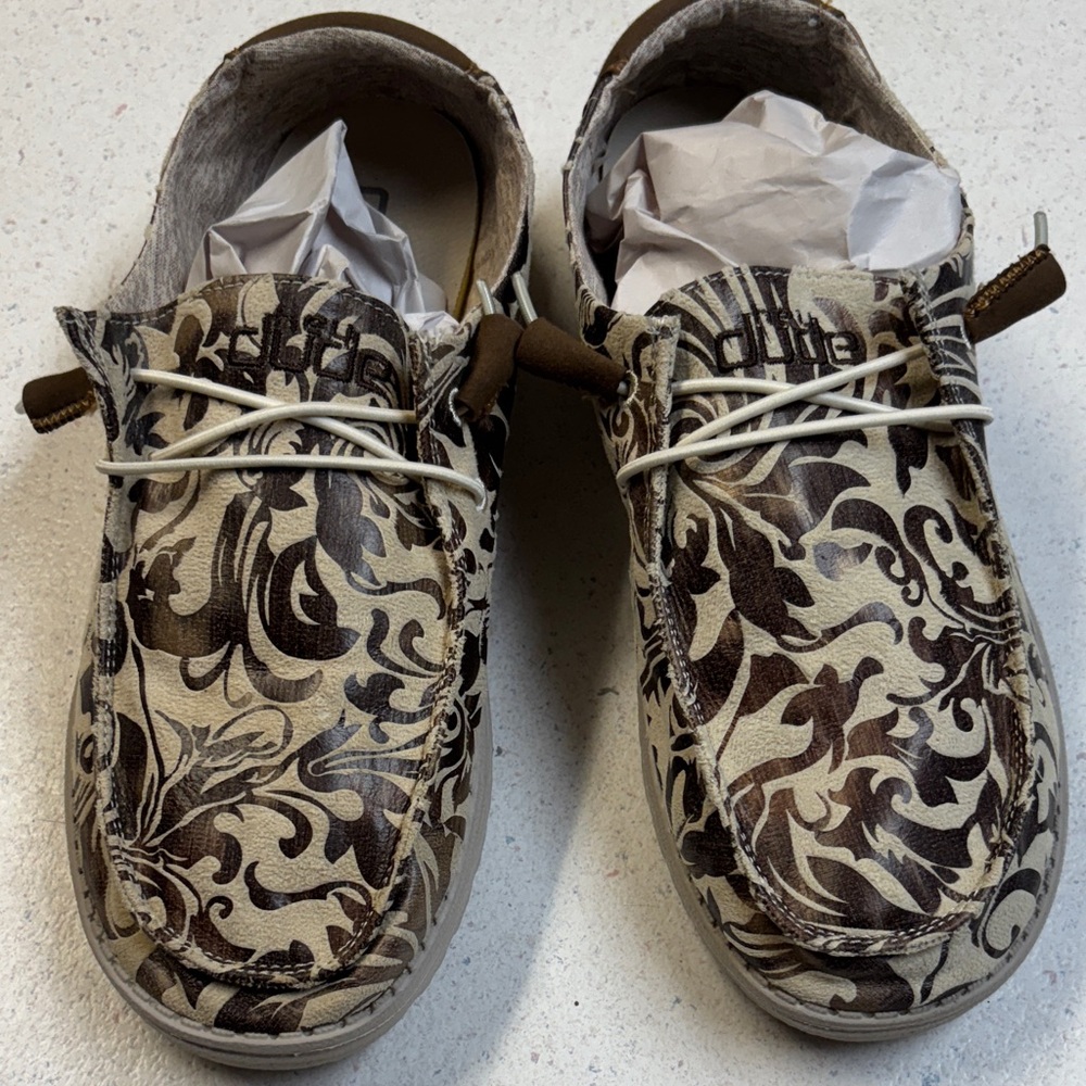 Hey Dude Brown and Cream Patterned Flats